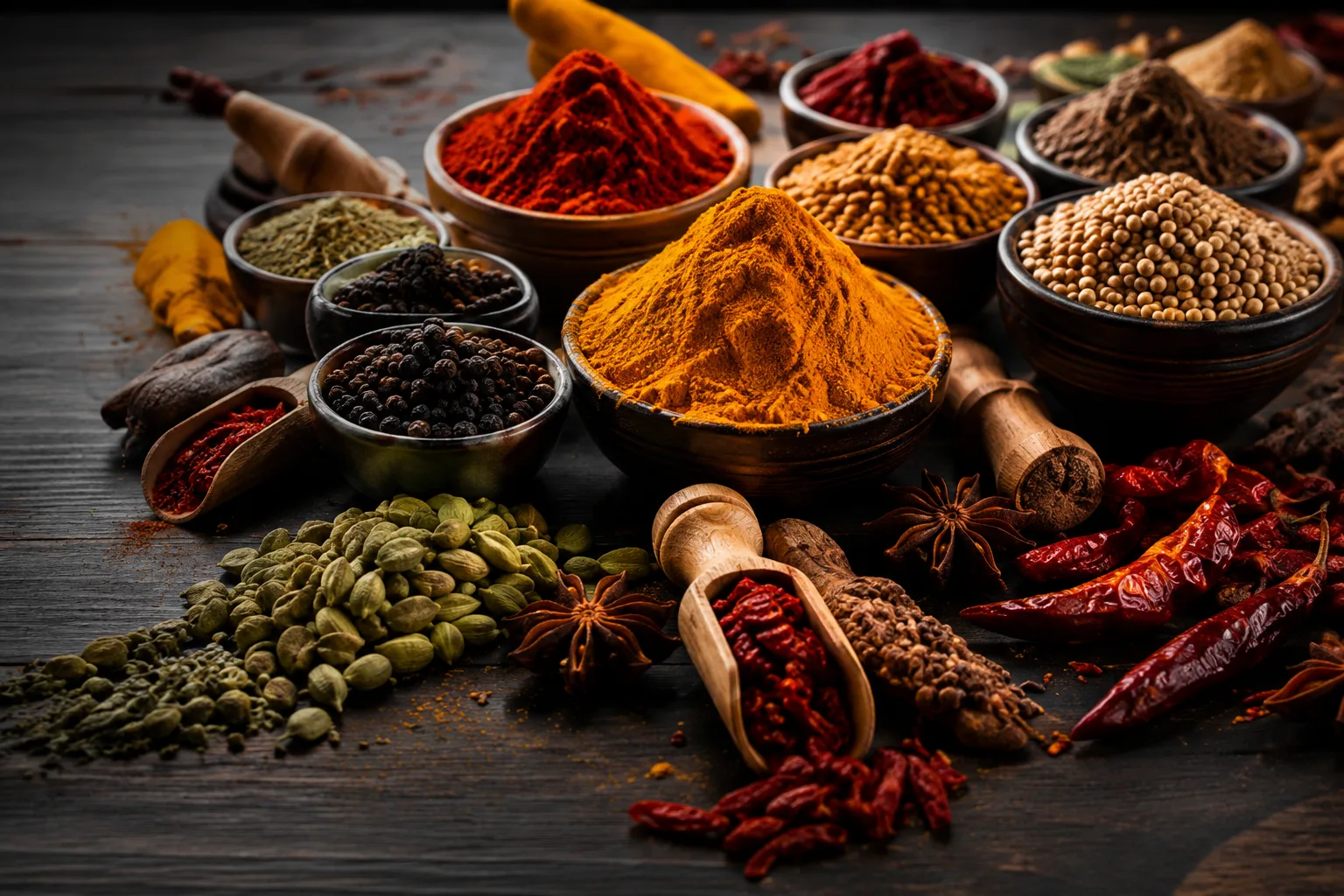 Bowls of turmeric, chilli and cardamom, Indian spice photography